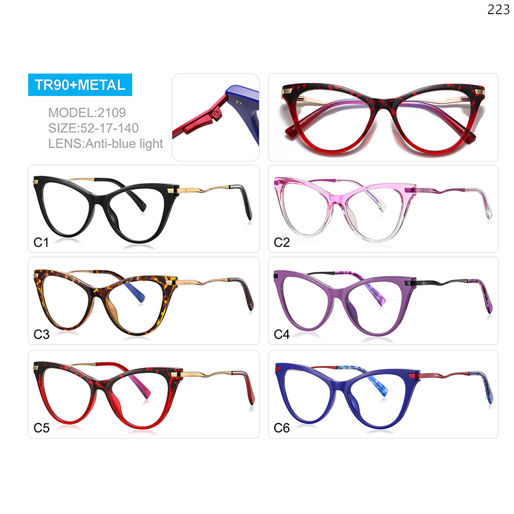 2109-13 Fashion Women Style TR+Metal Blue Light Protection Glasses with Cateye Shape Frame (1)