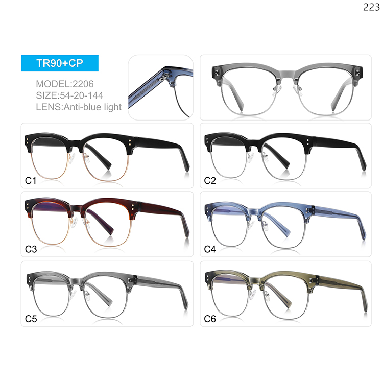 2200-06 High Quality Stock Wholesale Big Frame TR Anti Blue Light Eye Glasses for Men